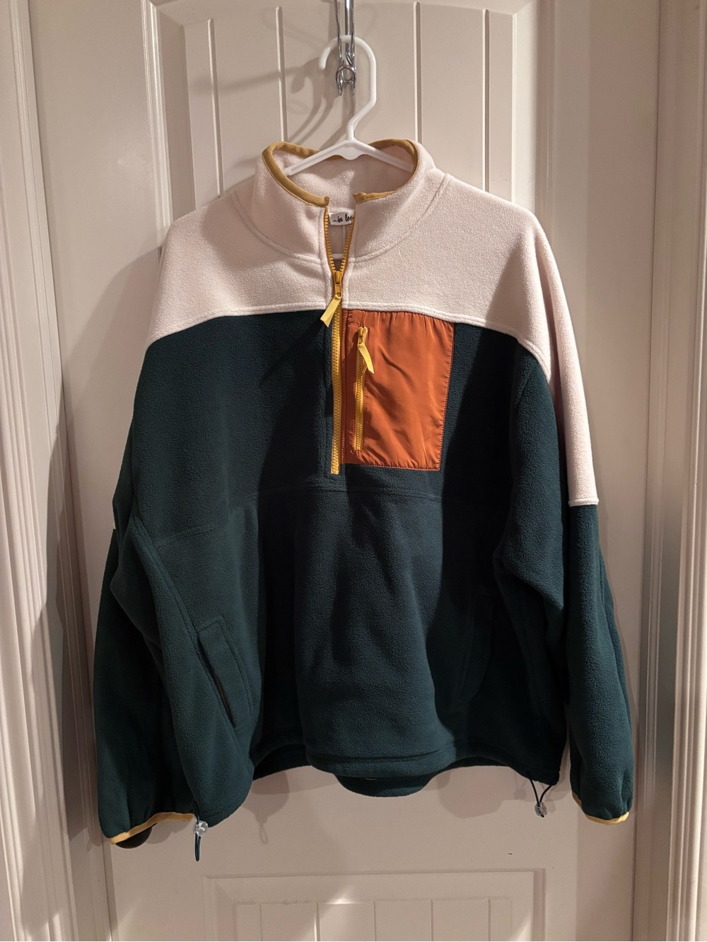 Forest Green and Cream Half-Zip Fleece Pullover with  Burnt Orange Pocket.